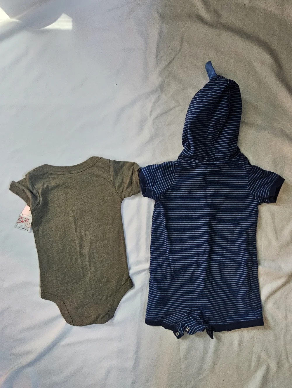 Set Of 6-12 Month Unisex One Pieces- Green Bicycle Onesie NWT & Striped Romper